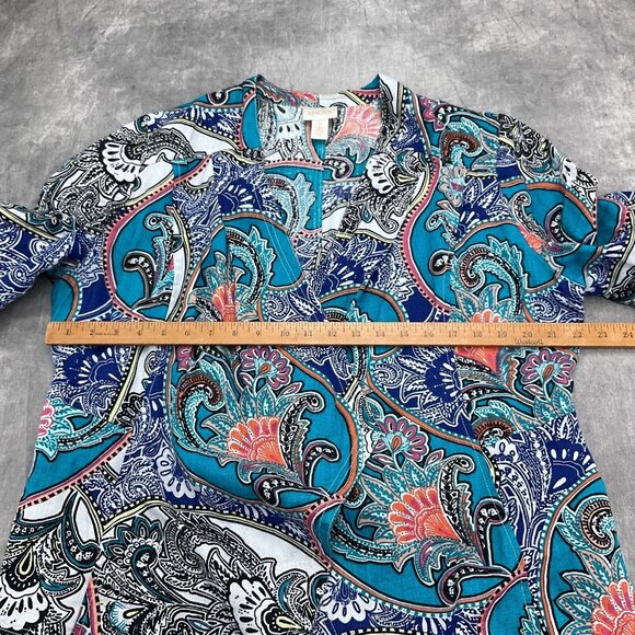 Chicos Open Jacket Women 2 Large 14 Blue Multi Paisley Linen Boho Peasant Drape - Picture 7 of 12
